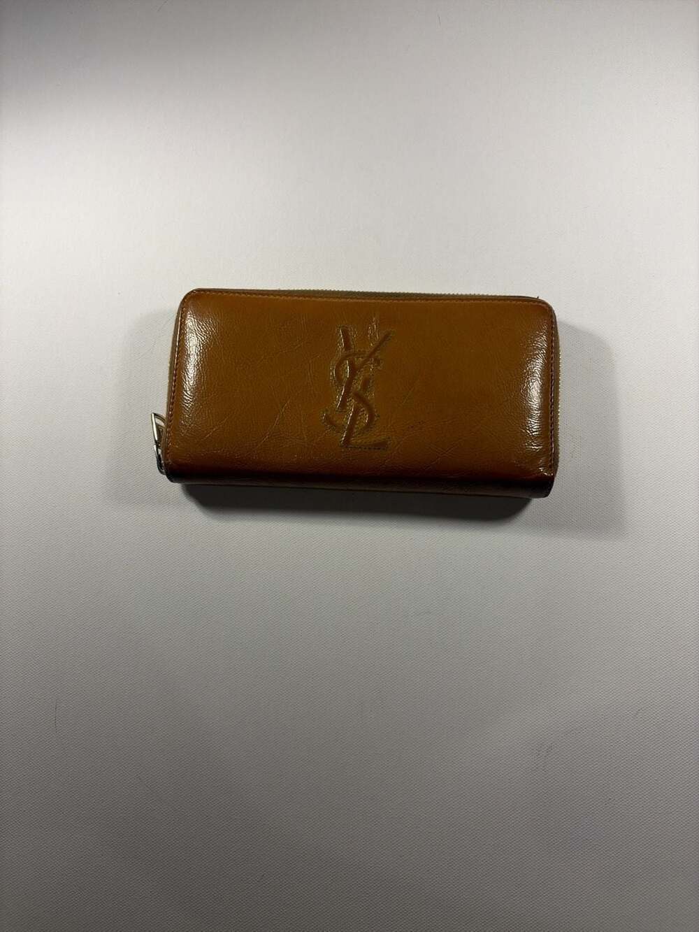 Yves Saint Laurent Belle De Jour Zip Around Wallet Camel Patent Leather